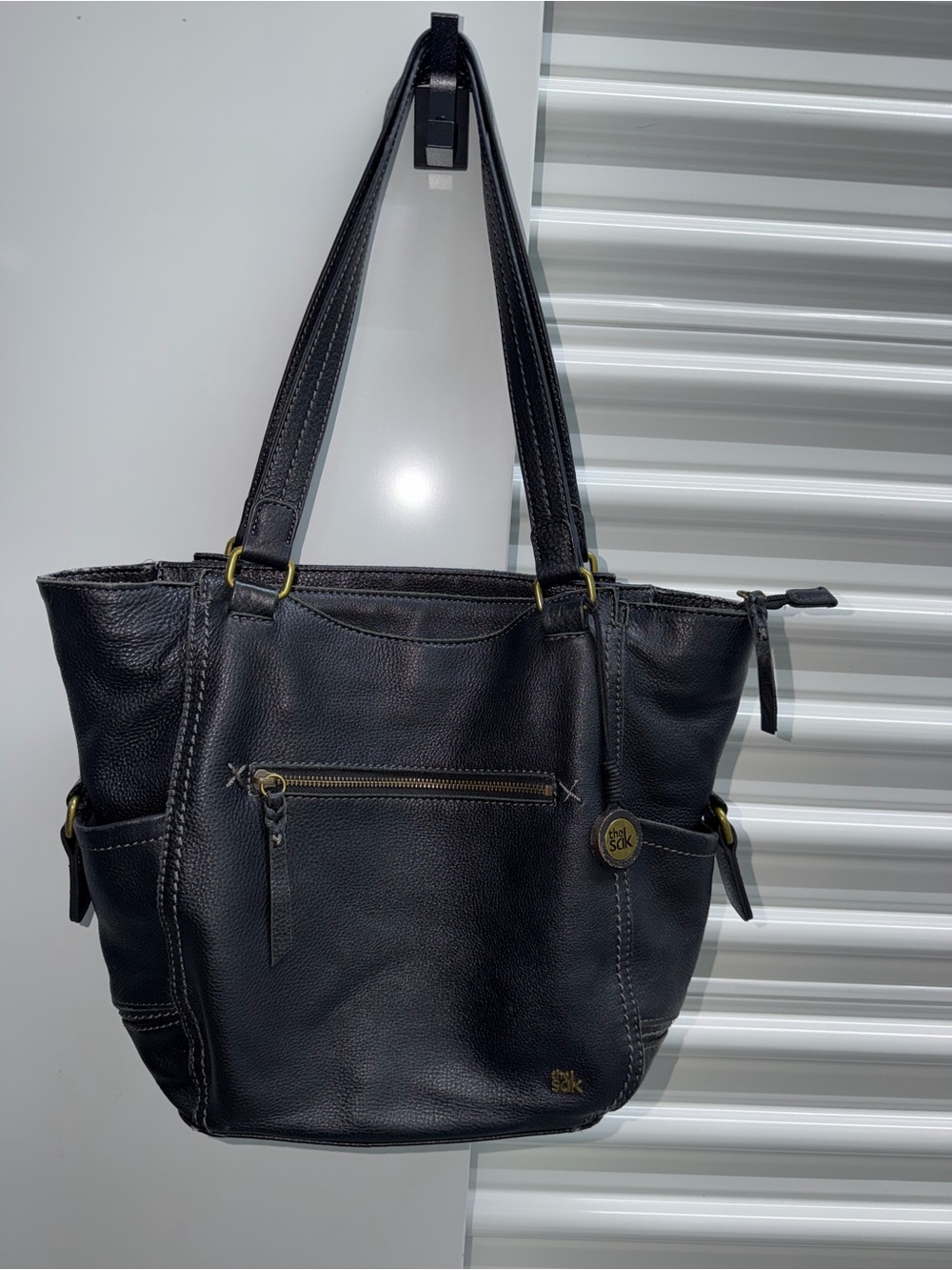 The Sak Black Leather Shoulder Tote with Front Zip Pocket